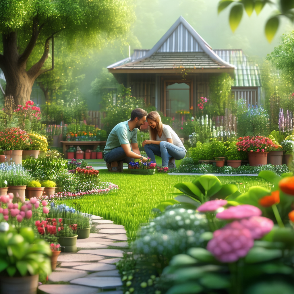 Man and a woman sitting on the grass in a garden, surroun...