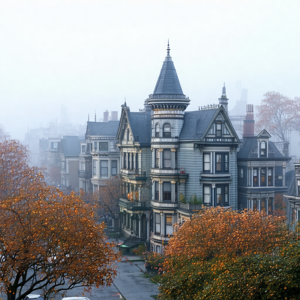 City street with a row of large, old houses lining the st...