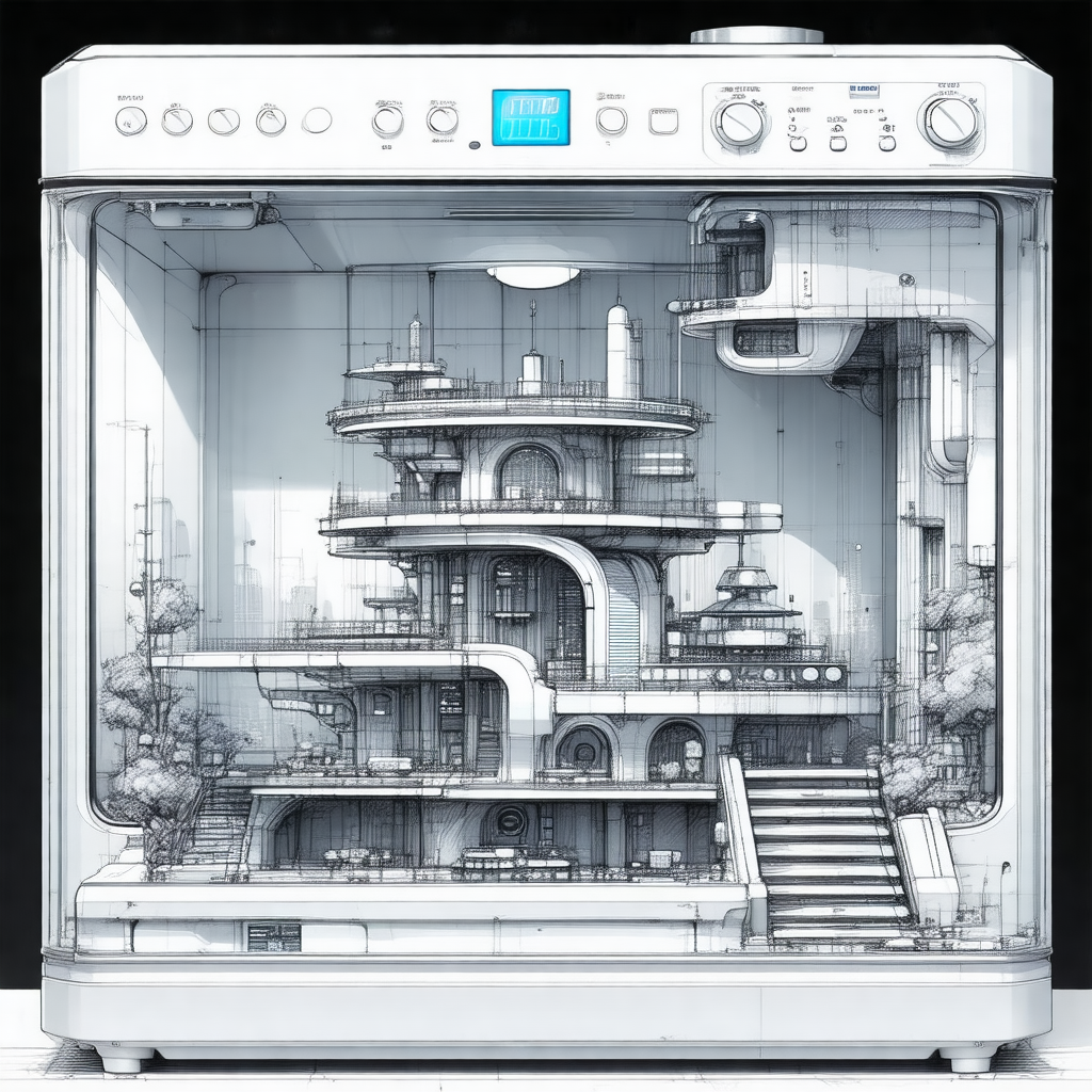Drawing of a futuristic city, featuring a large building ...