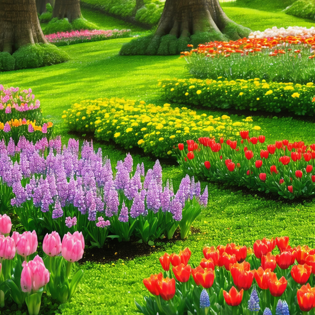 Beautiful garden with a variety of flowers and trees
