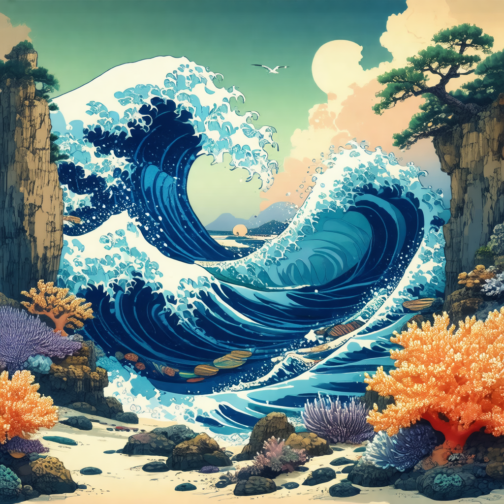 Colorful and detailed painting of a large wave crashing o...