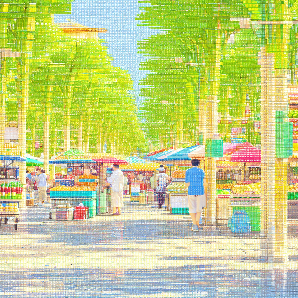 Colorful, pixelated picture of a marketplace with a varie...