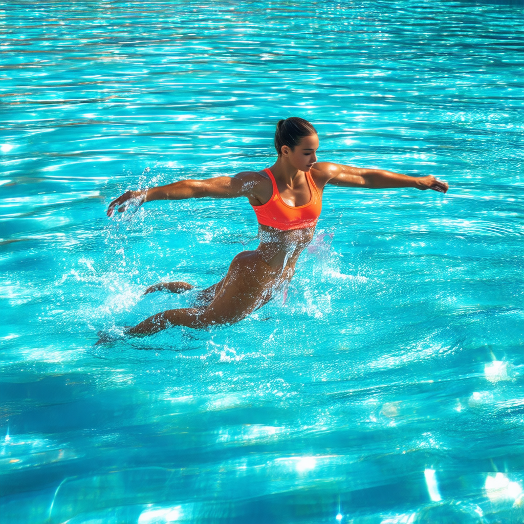 Woman in a swimming pool, swimming with her arms outstret...