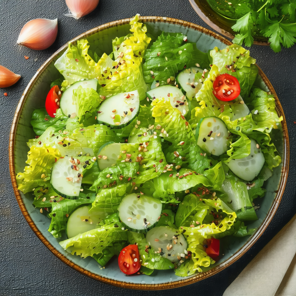 Large bowl filled with a fresh salad, including lettuce, ...