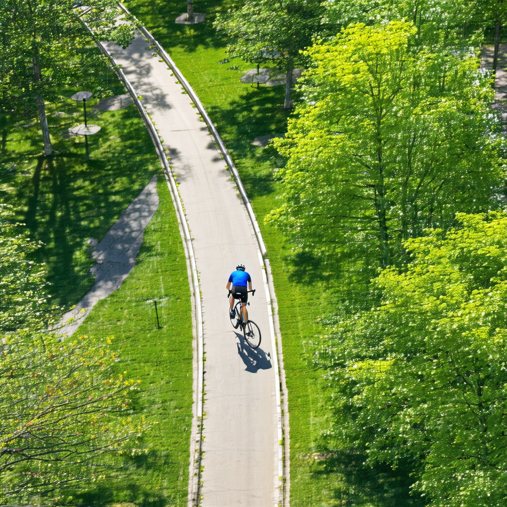 Man riding a bicycle on a pathway that is surrounded by t...