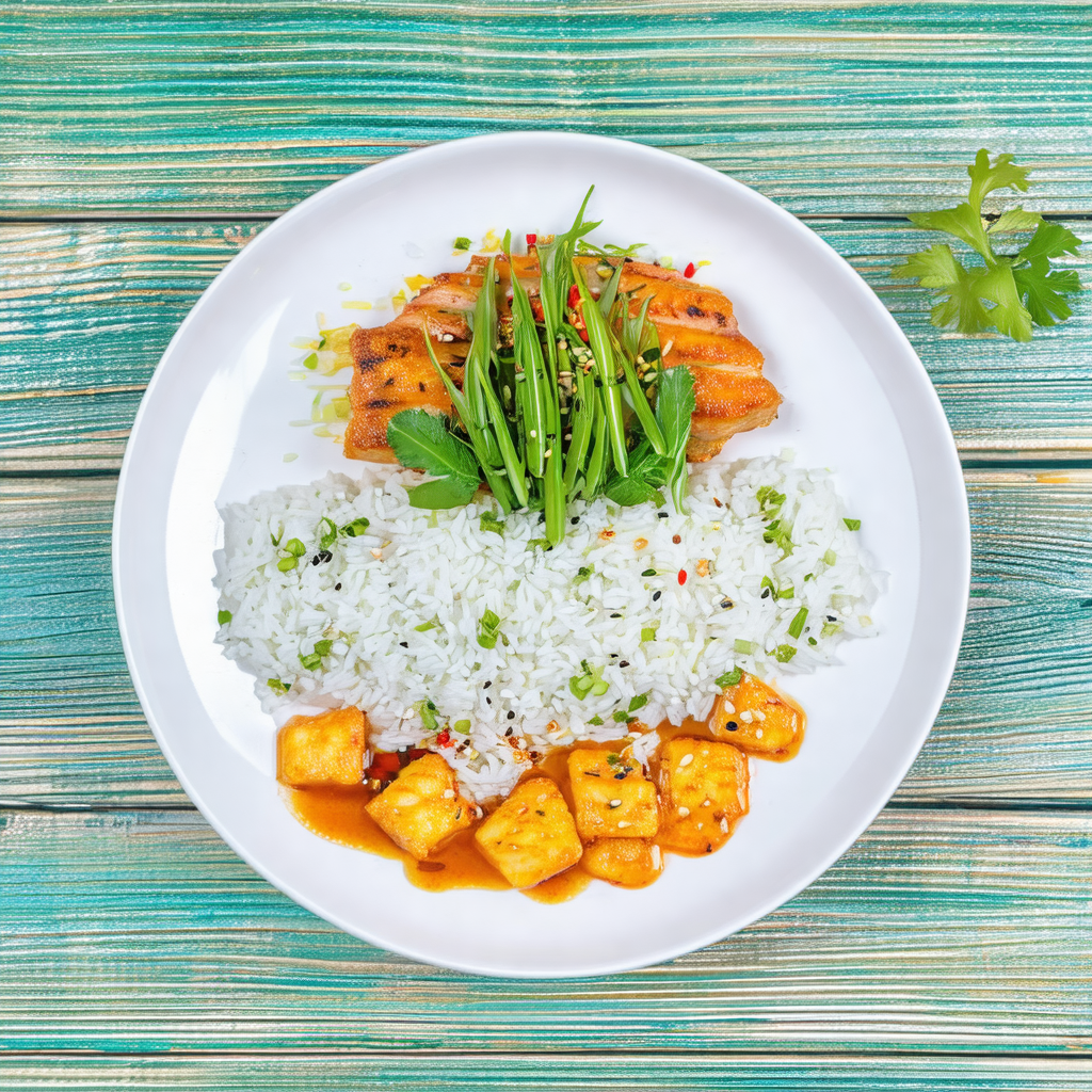 White plate filled with a variety of foods