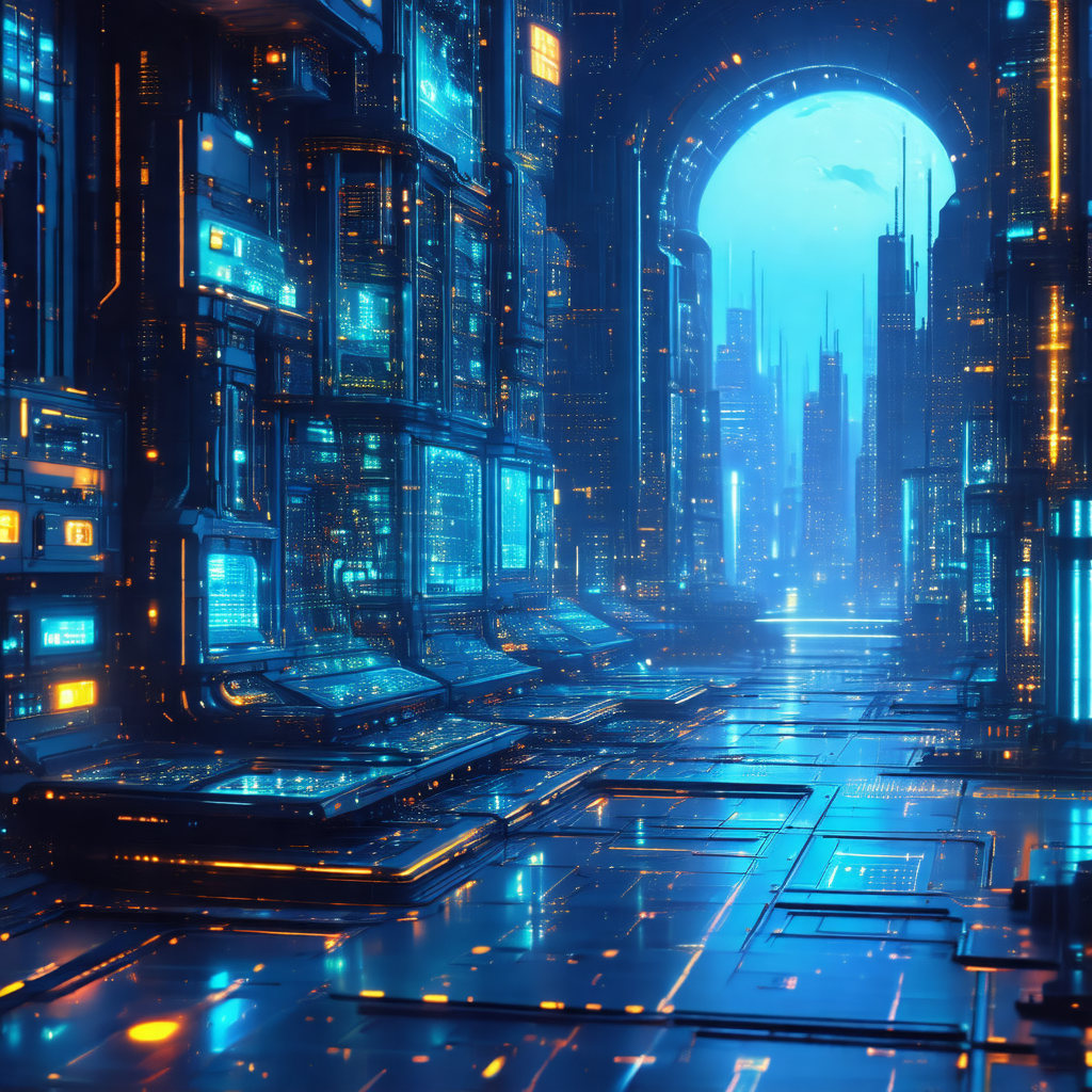 Futuristic cityscape with a blue sky and a large building...