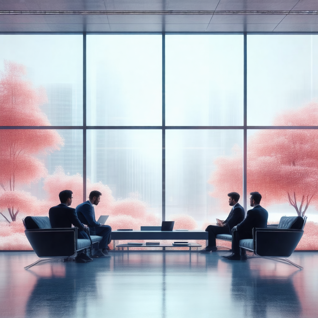 Group of three men sitting in a conference room, engaged ...