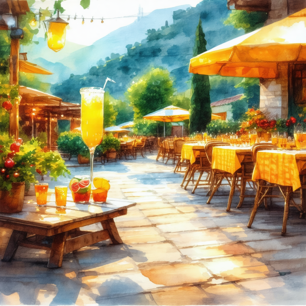 Lively outdoor restaurant scene with a variety of tables ...