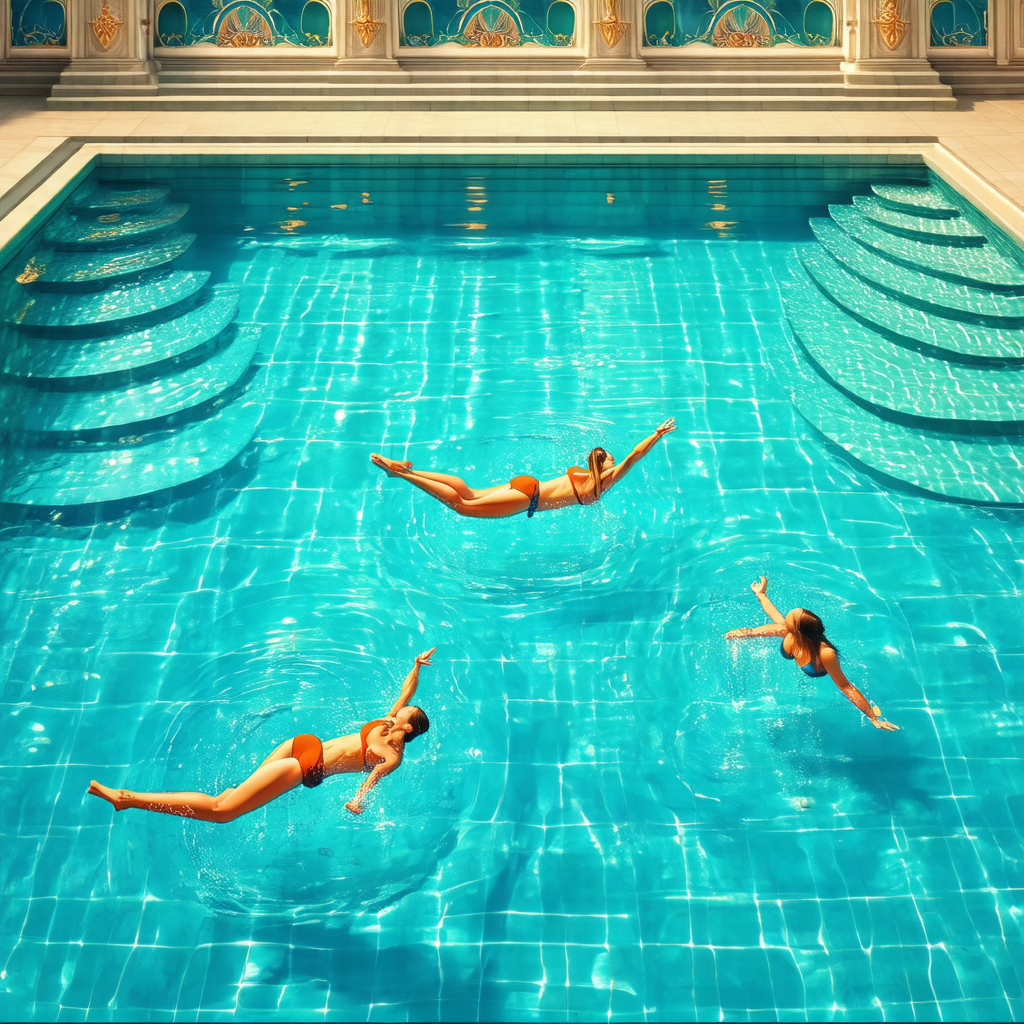 Group of women swimming in a large, blue swimming pool