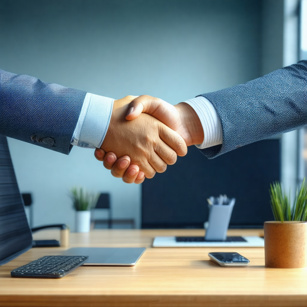 Man and a woman shaking hands in a professional office se...