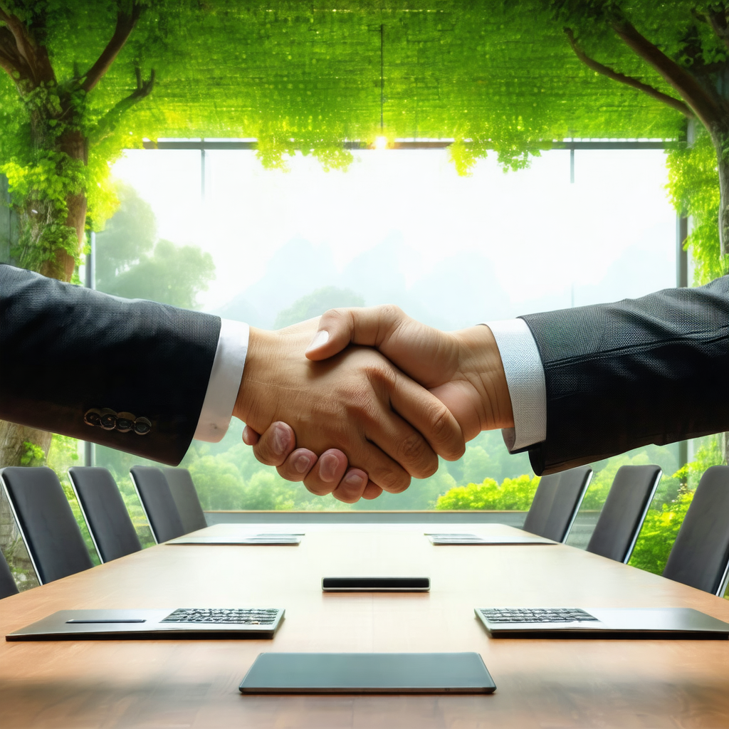 Man and a woman shaking hands over a wooden dining table