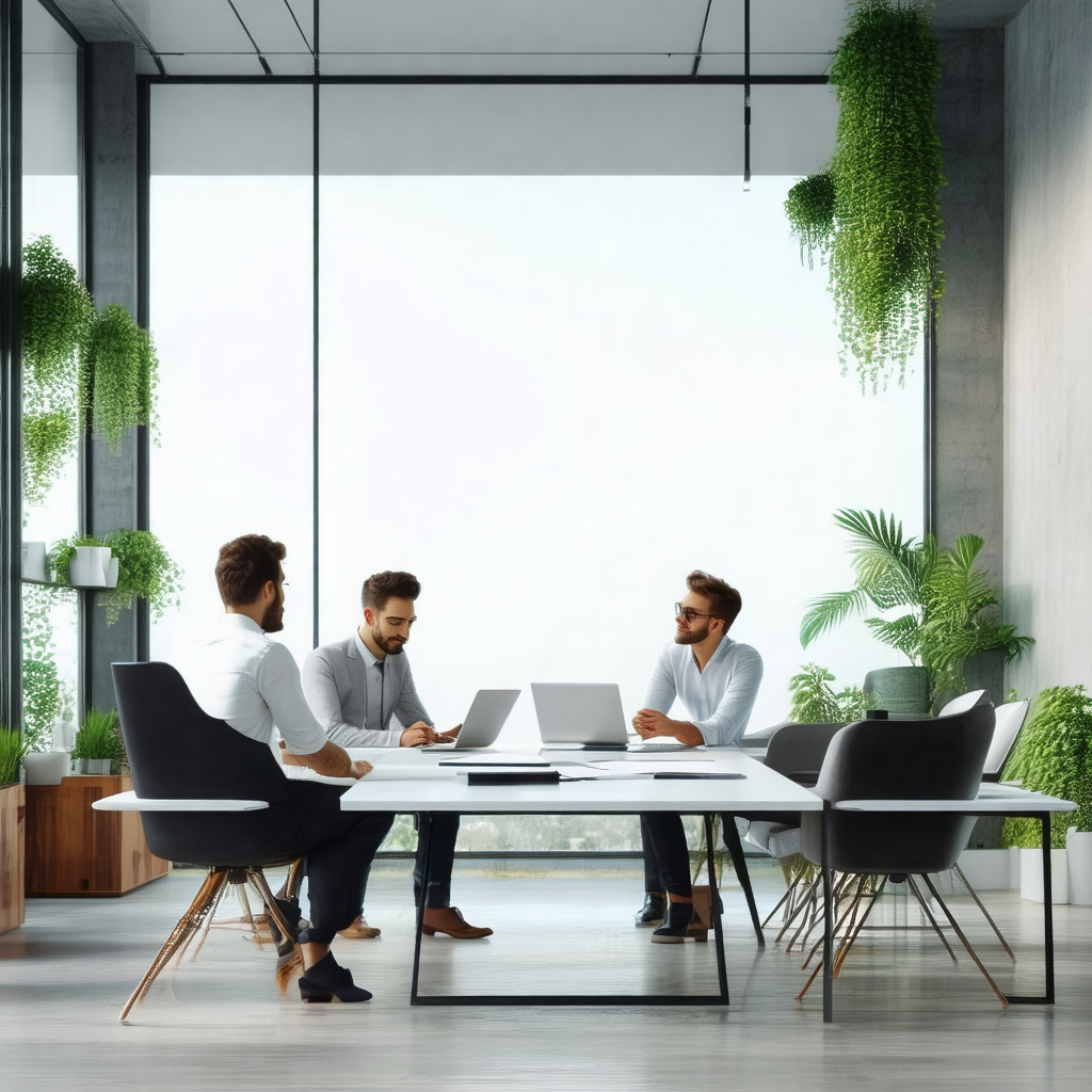 Group of three men sitting around a white table in a mode...