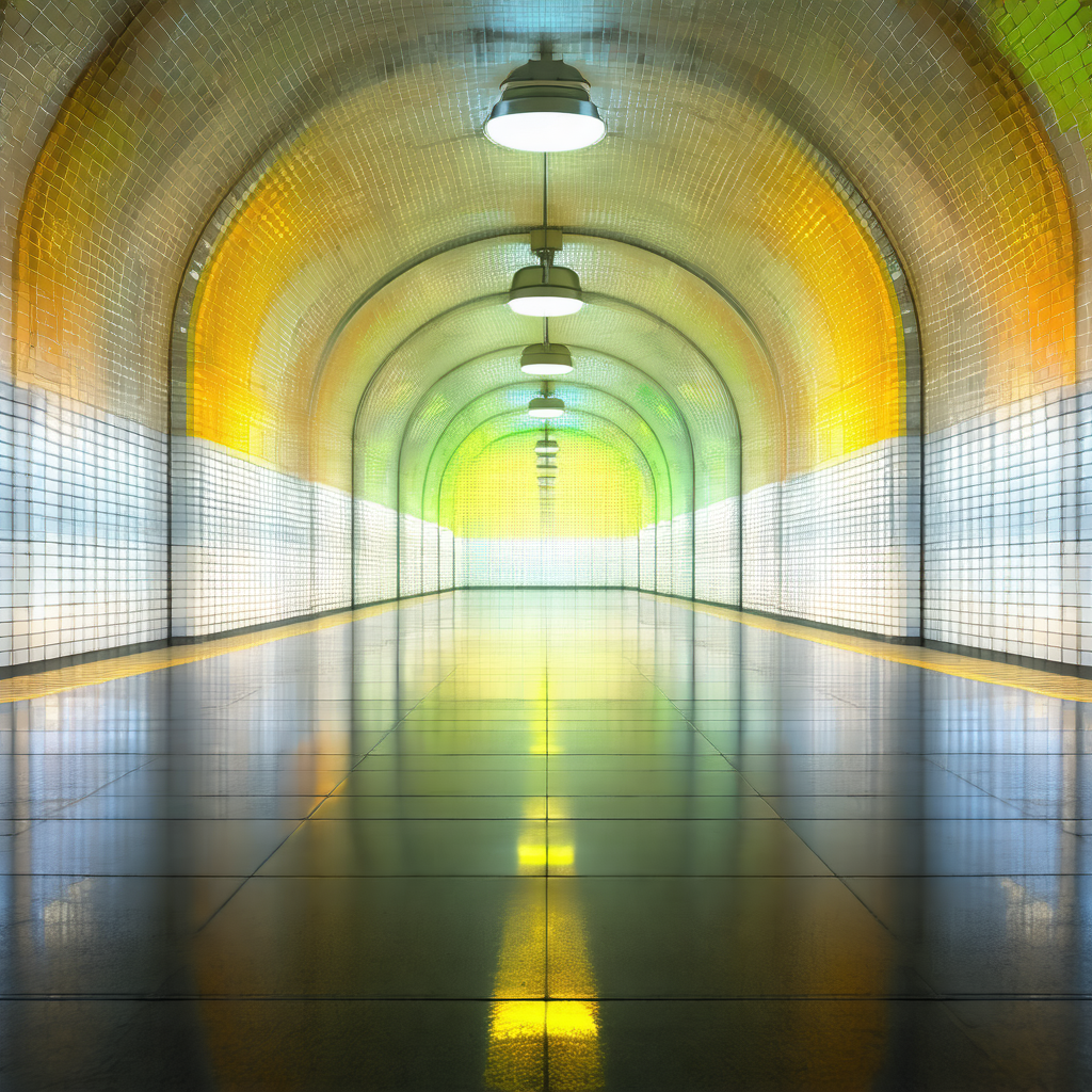 Long, narrow hallway with a yellow and green color scheme