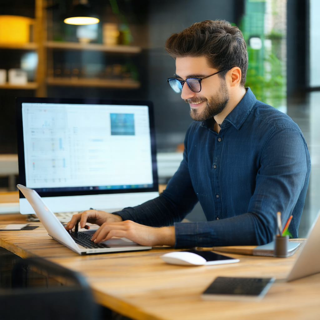 Man sitting at a desk, working on a laptop computer