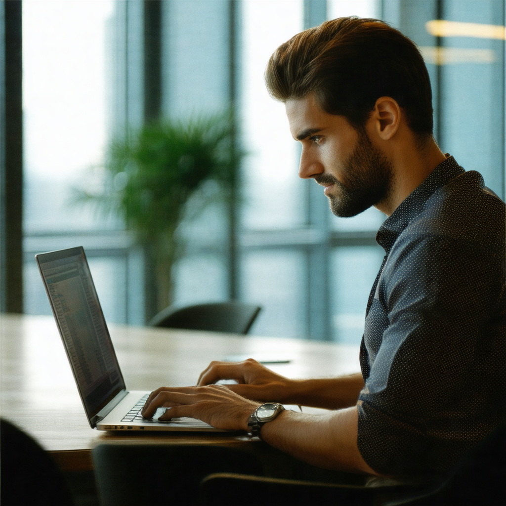 Man sitting at a desk, working on a laptop computer