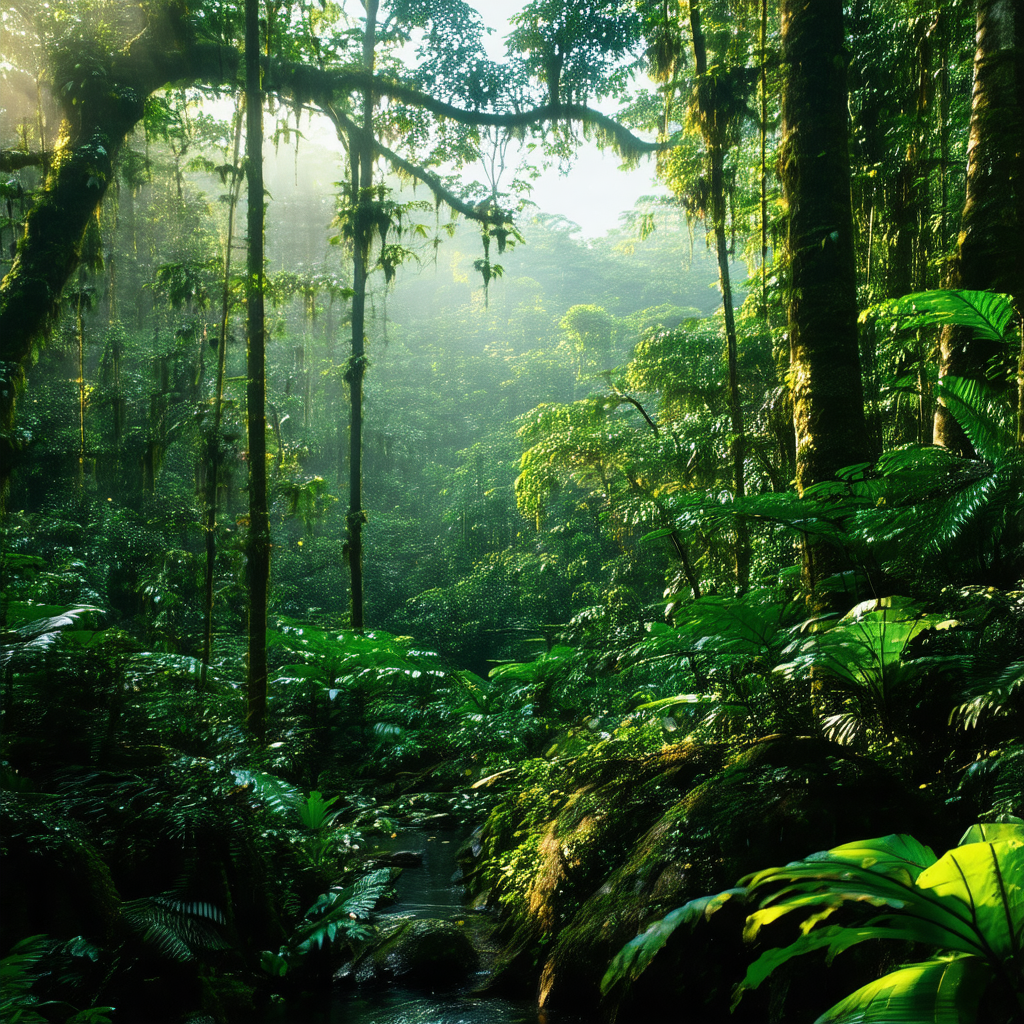 Lush, green forest filled with trees and plants