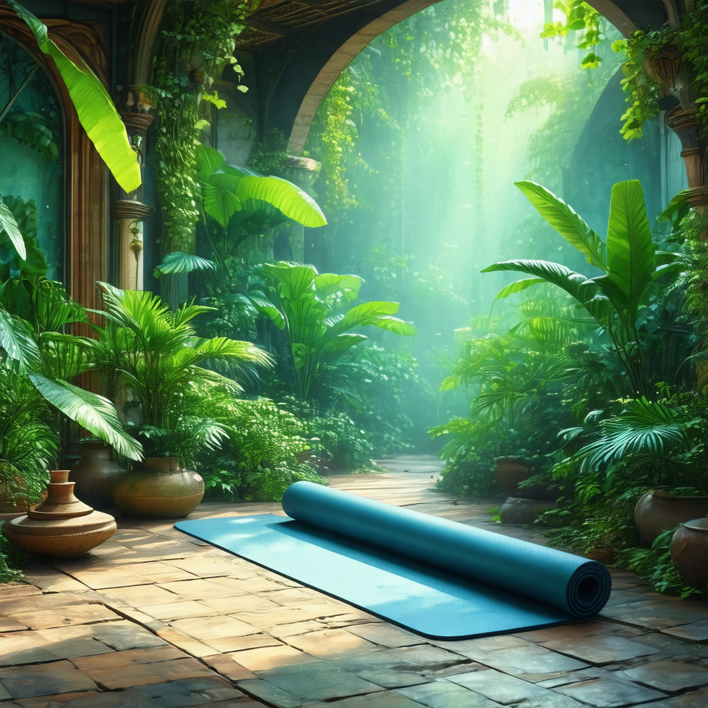 Blue yoga mat placed on a stone floor in a lush green forest
