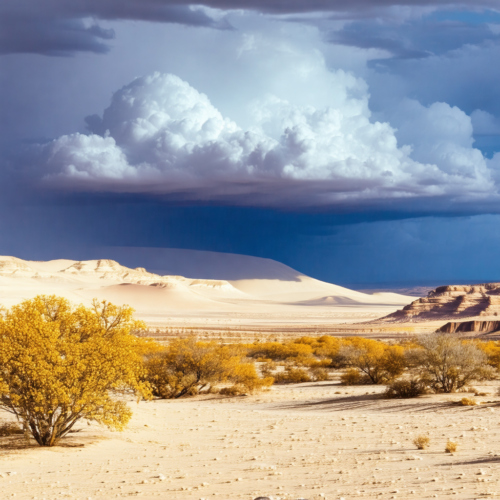 Vast, open desert landscape with a cloudy sky overhead