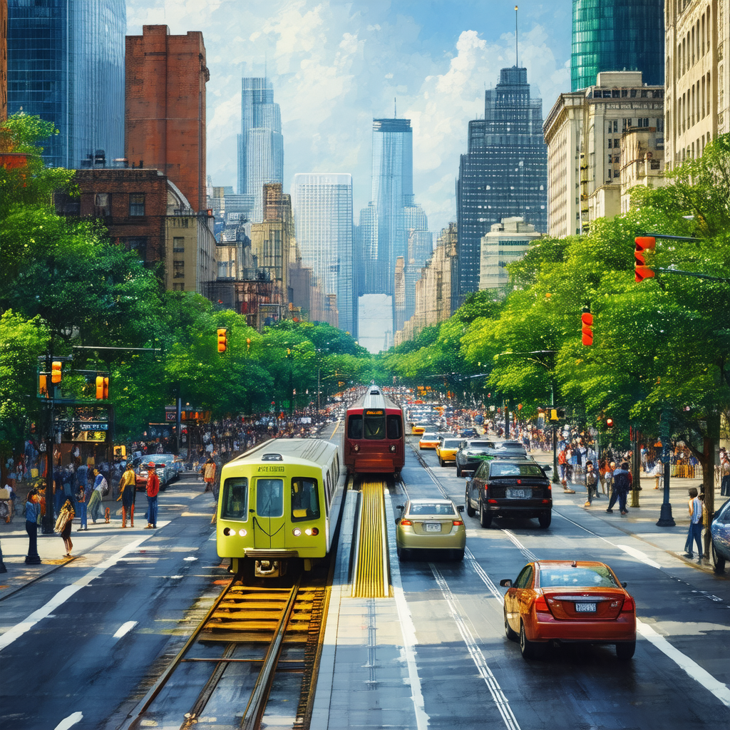 Busy city street filled with traffic and pedestrians