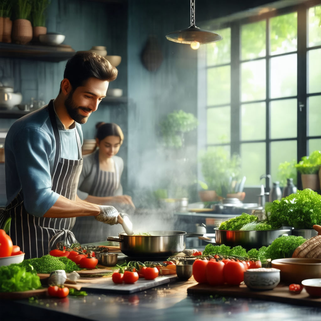 Man and a woman cooking together in a kitchen