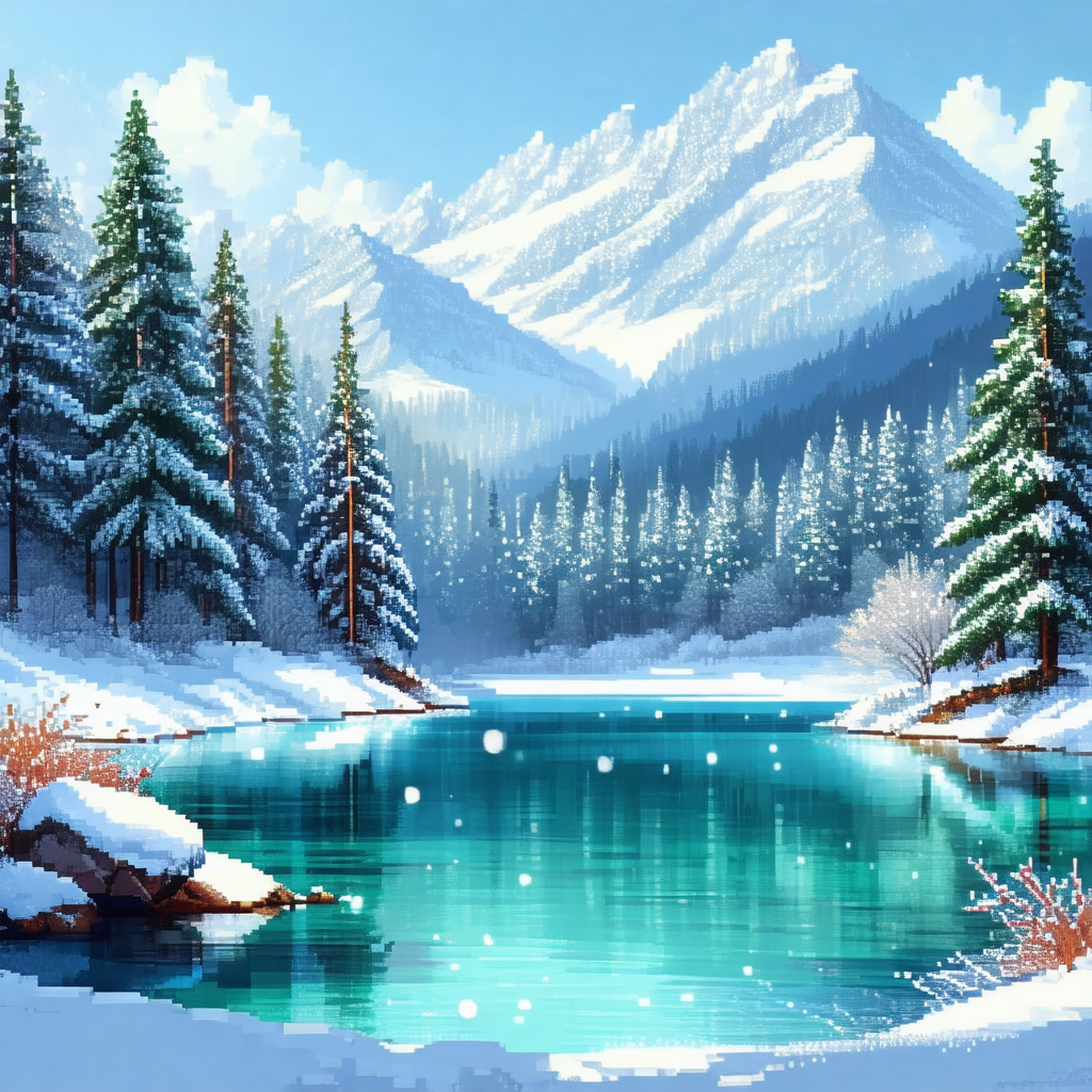 Serene mountain lake surrounded by snow-covered trees