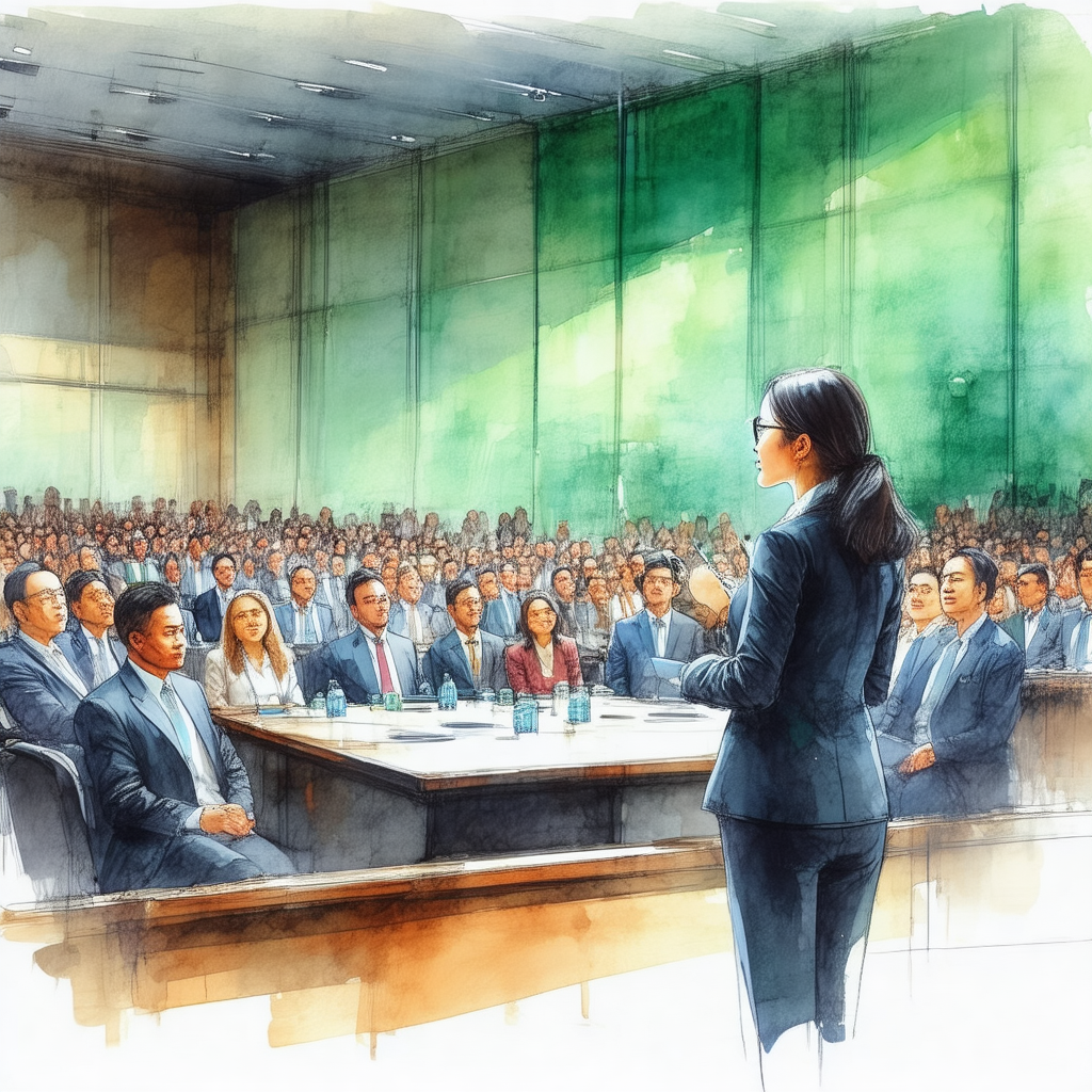 Woman standing at a podium in a large room, addressing a ...