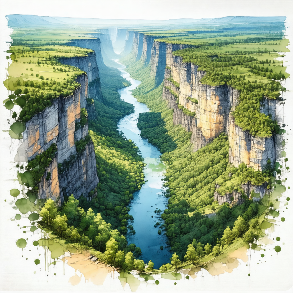 Painting of a river flowing through a valley, surrounded ...