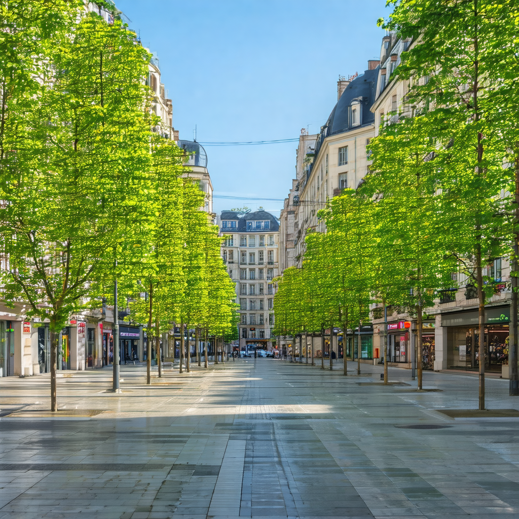 City street lined with trees, creating a pleasant atmosphere