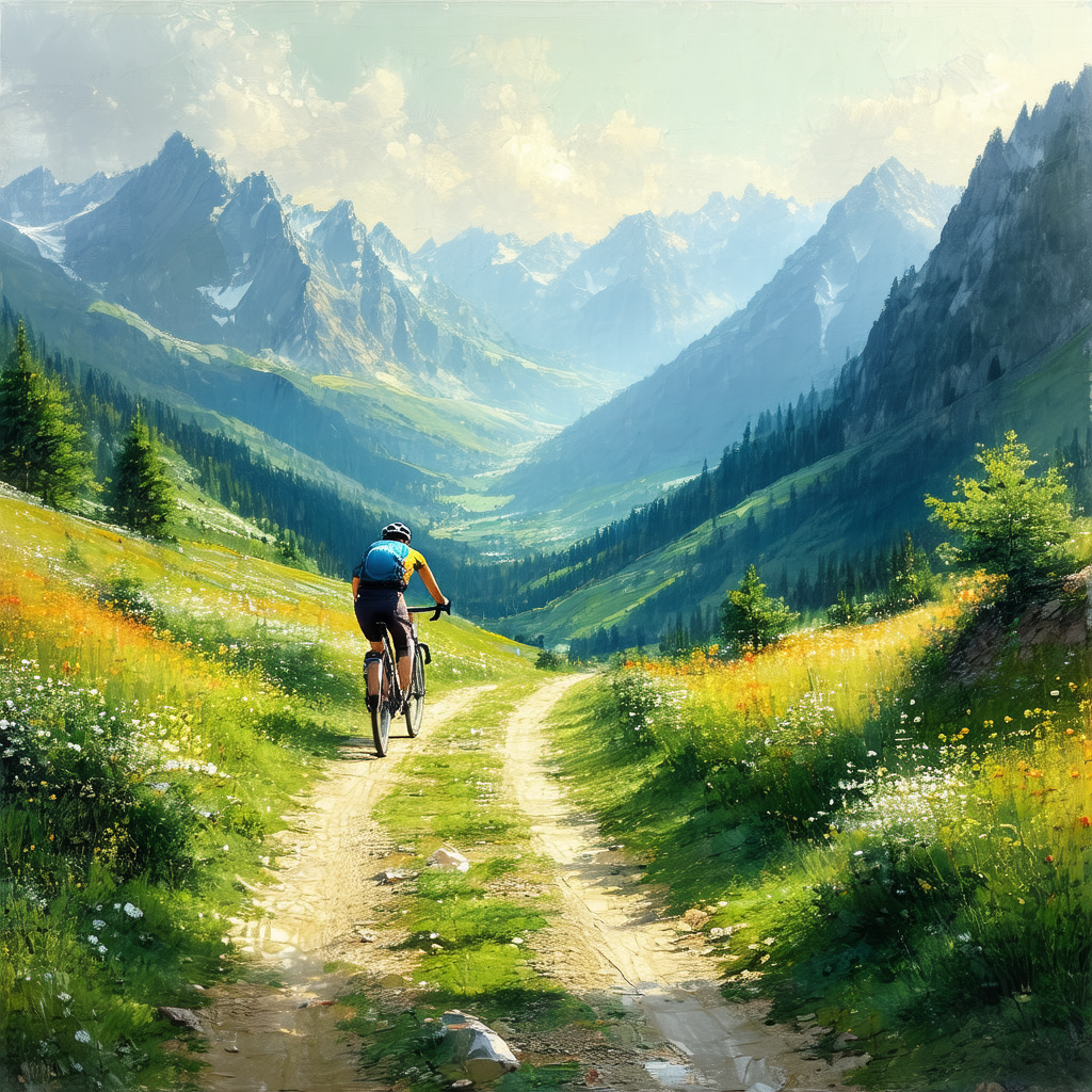 Man riding a bicycle on a dirt road, surrounded by a beau...