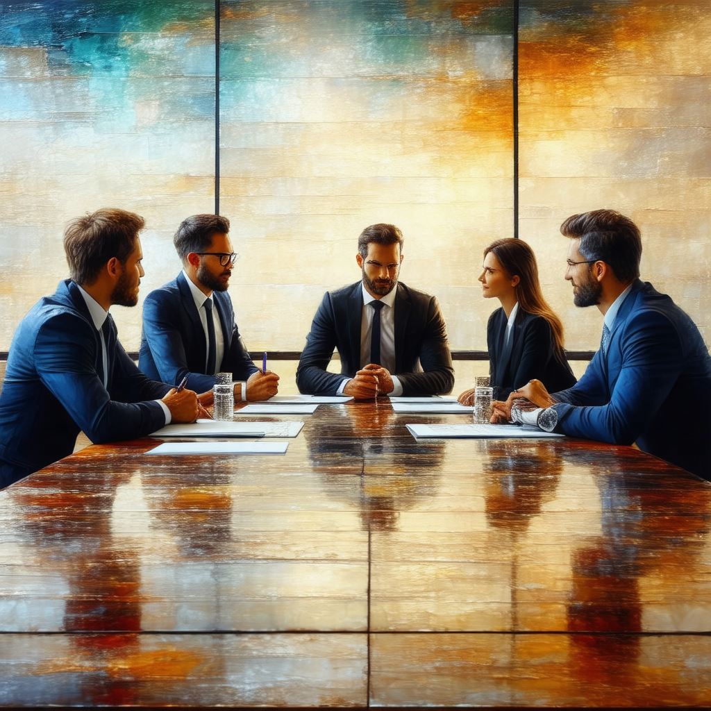 Group of four people sitting around a large wooden table,...