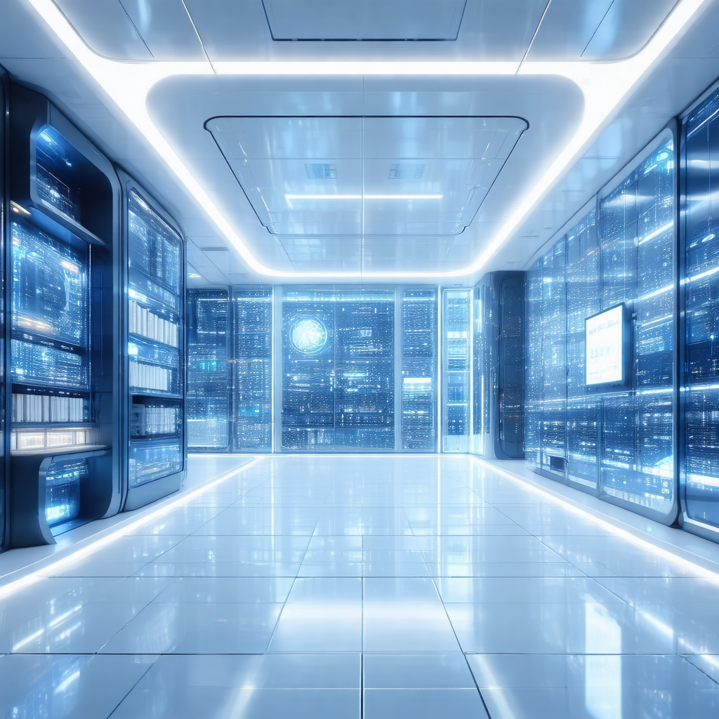 Large, modern data center with a clean and organized appe...