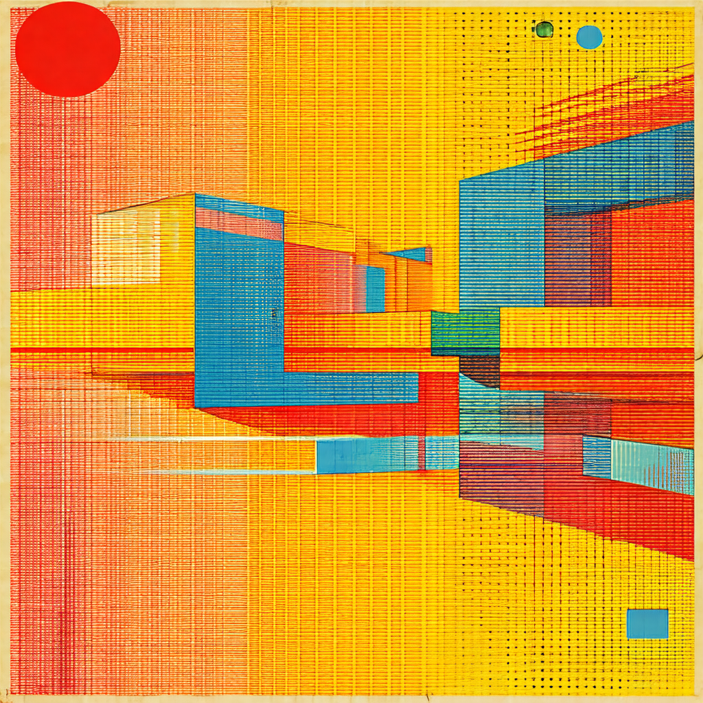 Colorful painting of a building with a large red circle i...
