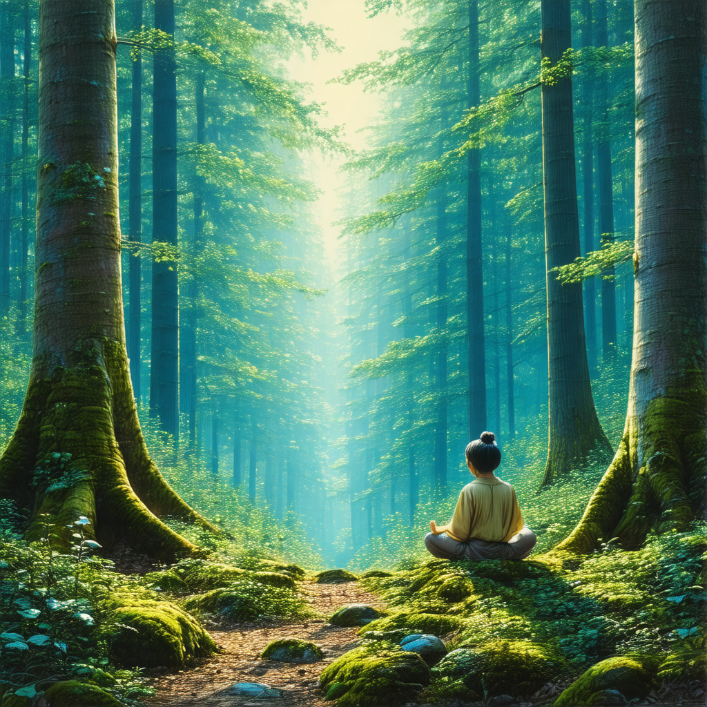 Woman sitting in a forest, surrounded by trees