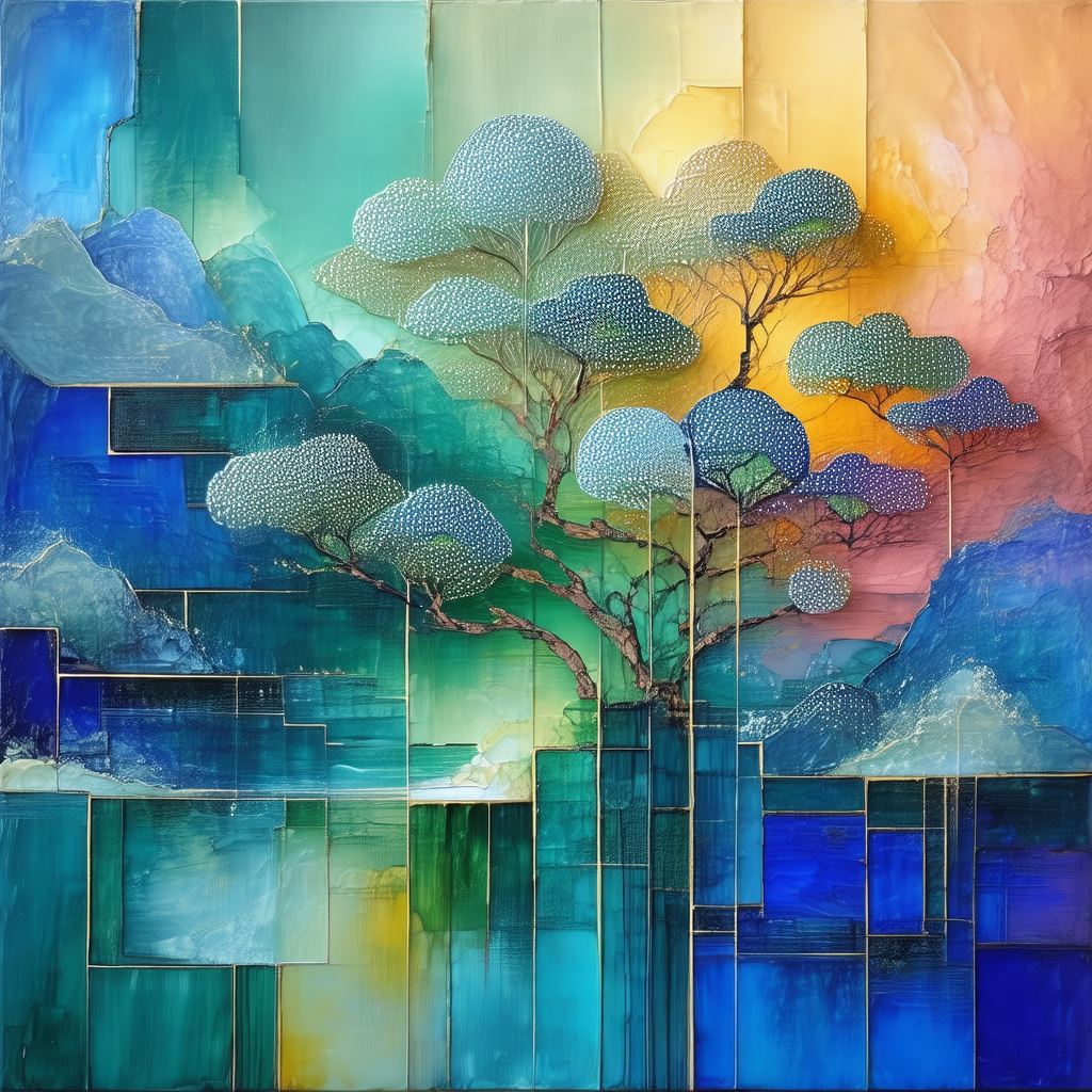 Colorful and artistic painting of a tree with a blue sky ...