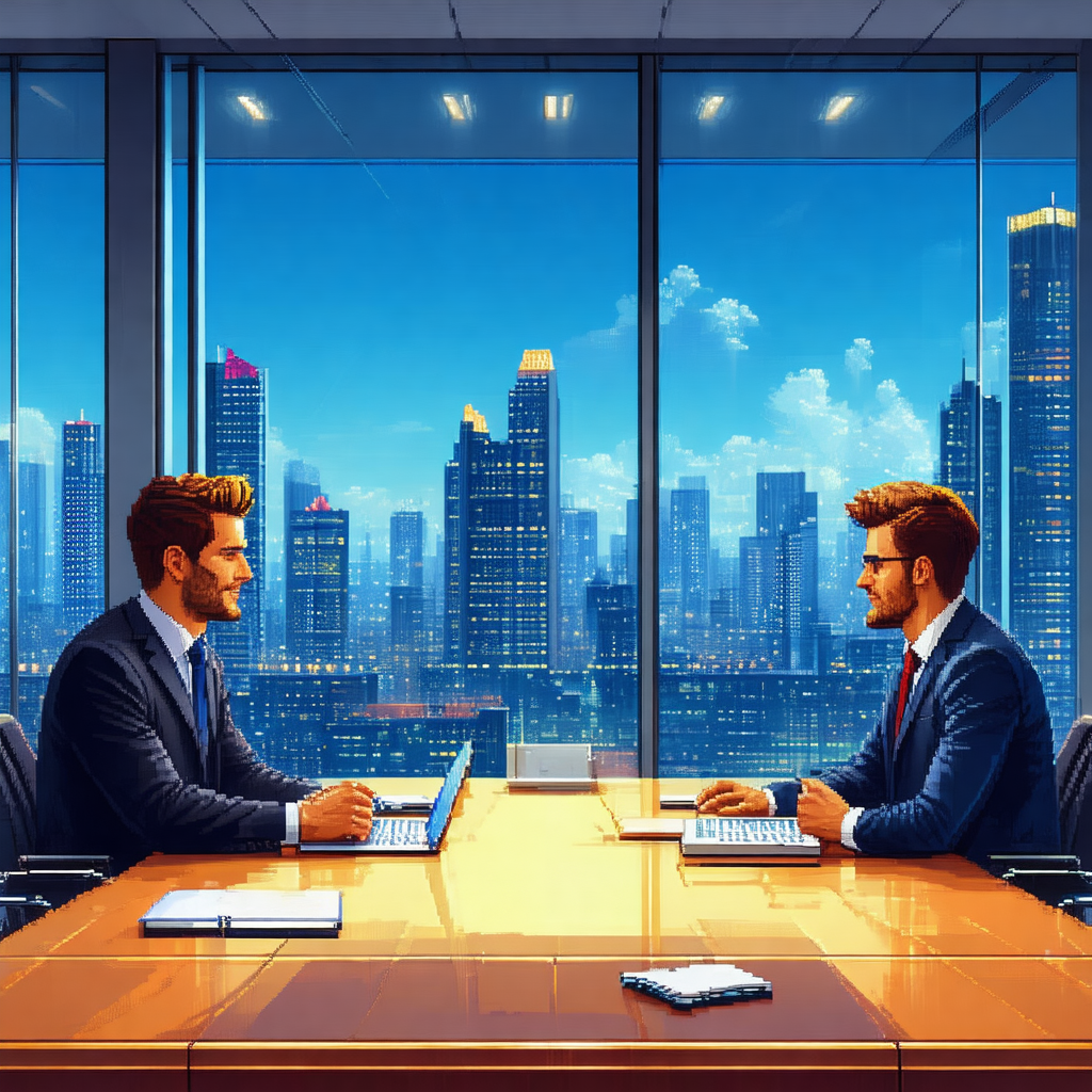Cartoon-like drawing of two men sitting at a table in a b...