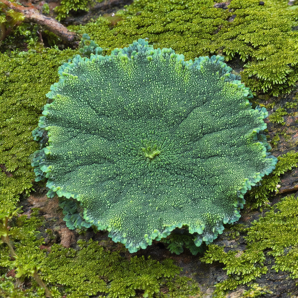 Green mossy plant with a large, round, and green leaf on ...