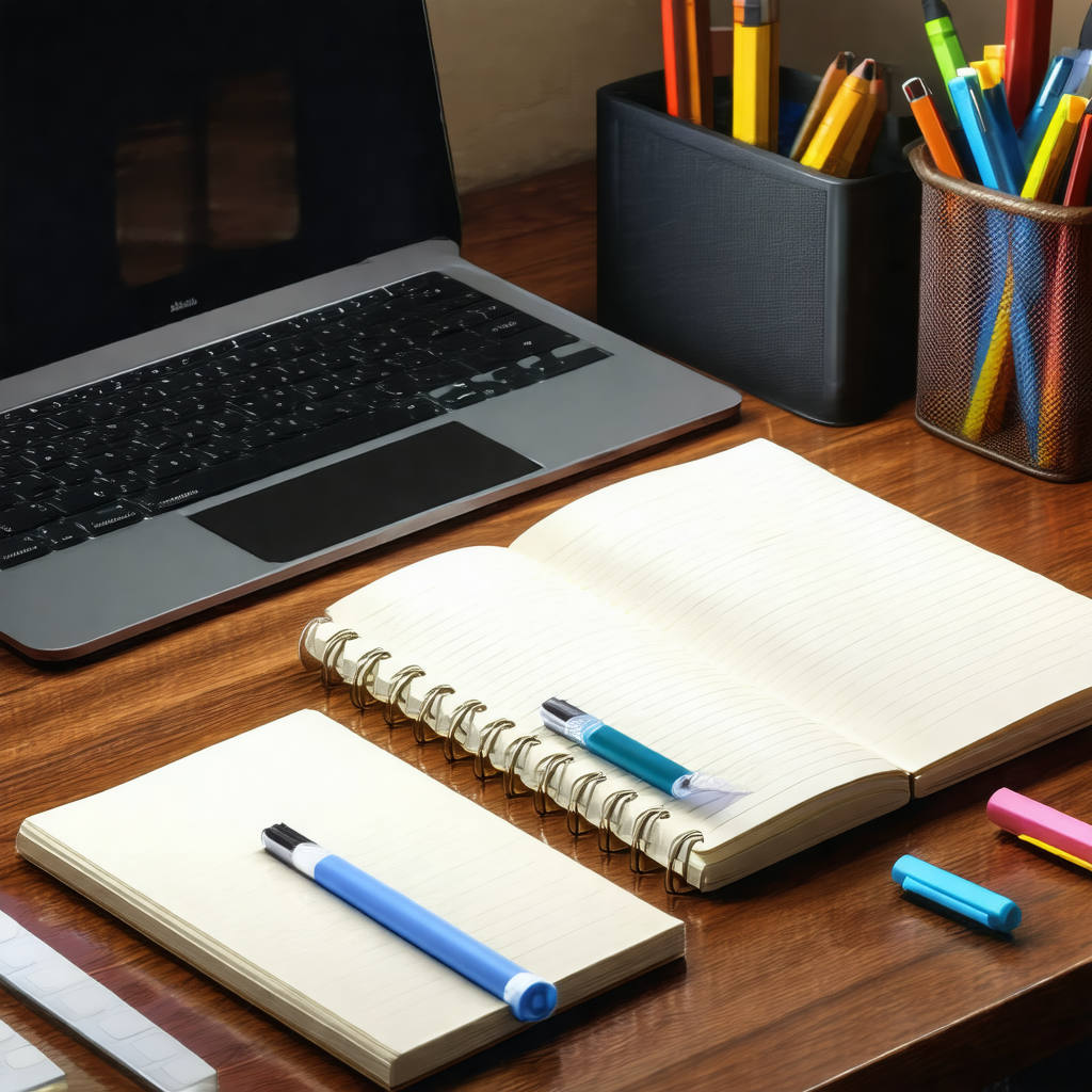 Wooden desk with a laptop computer and a notebook placed ...