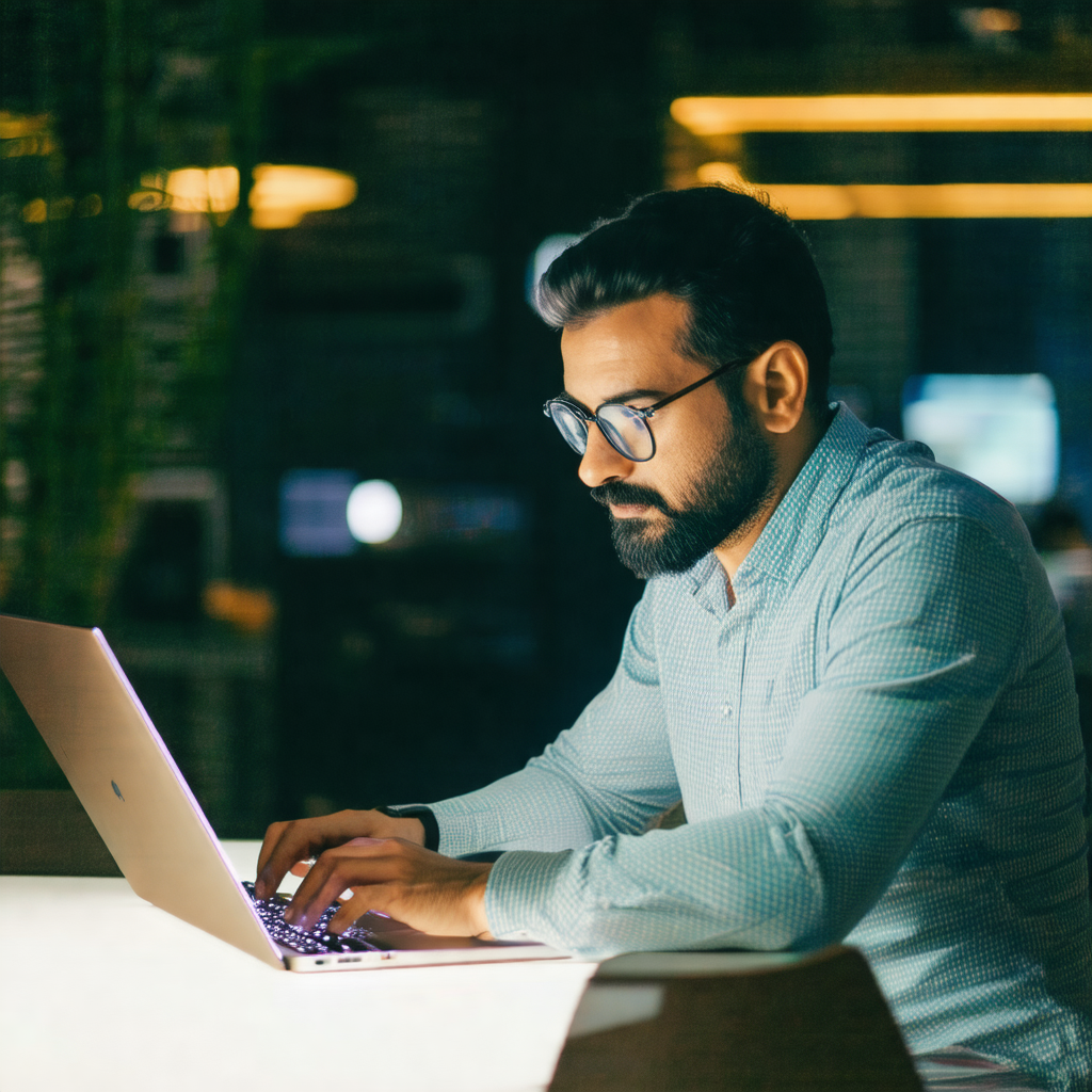 Man sitting at a desk, working on a laptop computer