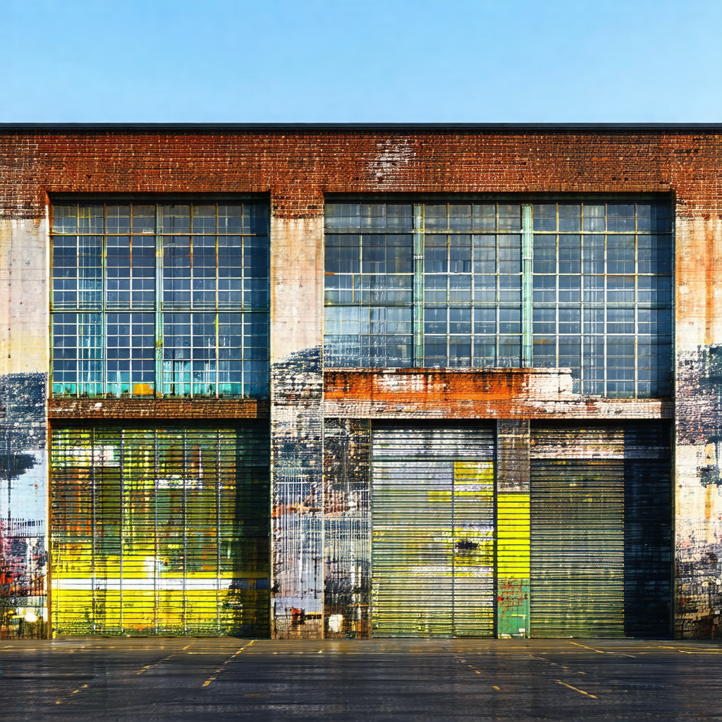Large, old brick building with a distinctive yellow and b...