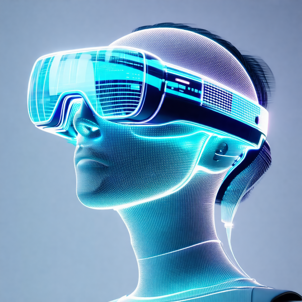 Futuristic robot with a human-like face, wearing a pair o...