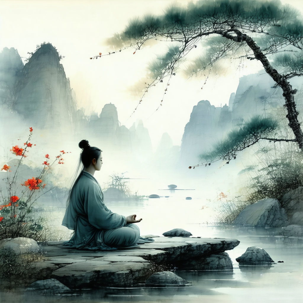 Woman sitting on a rock near a body of water, possibly a ...