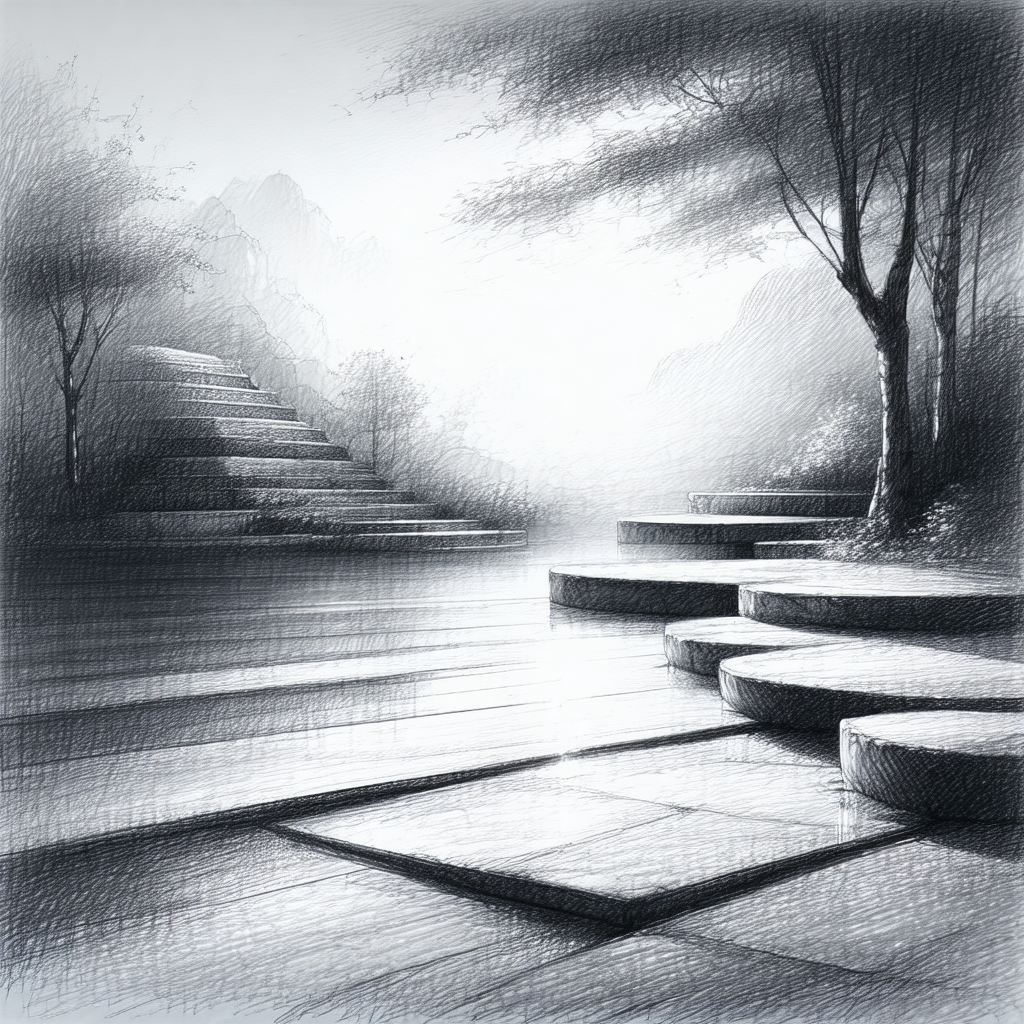 Black and white drawing of a set of stairs leading up to ...