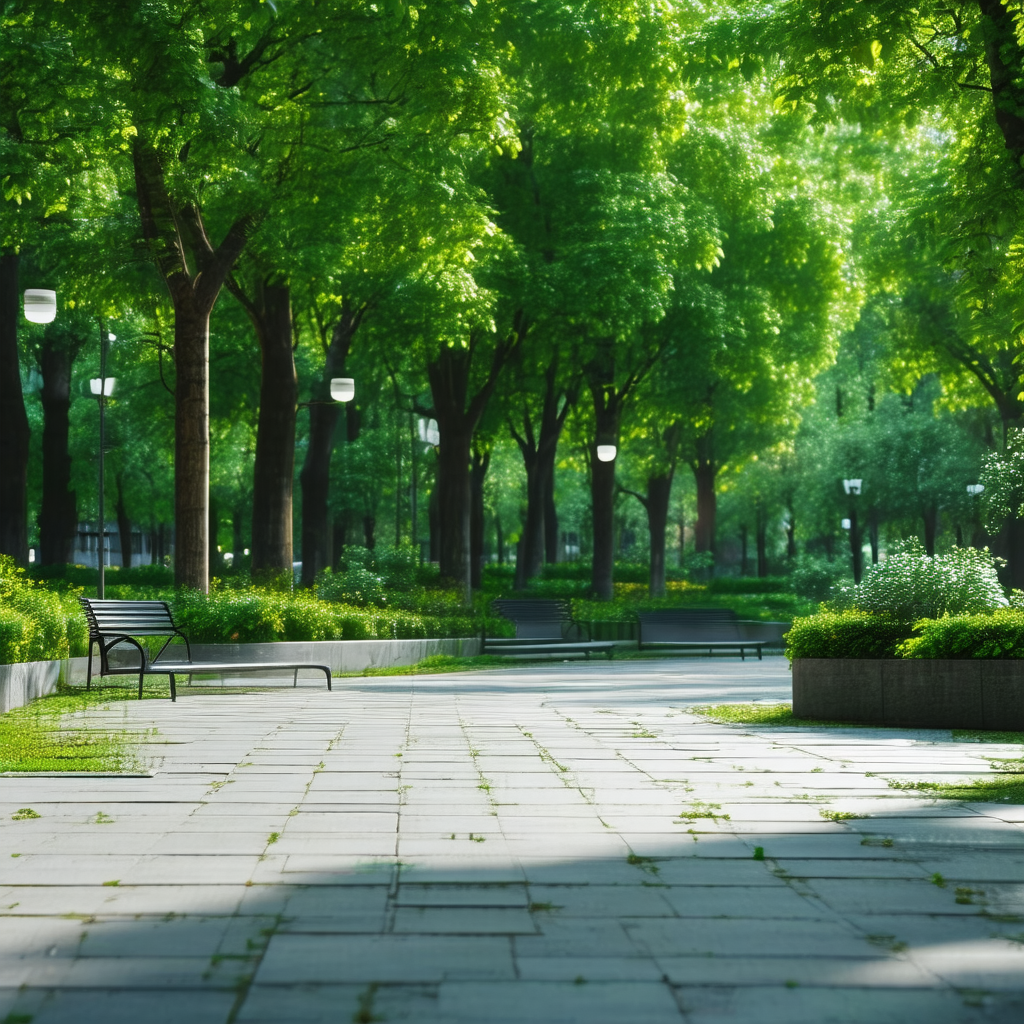 Park with a paved walkway surrounded by trees