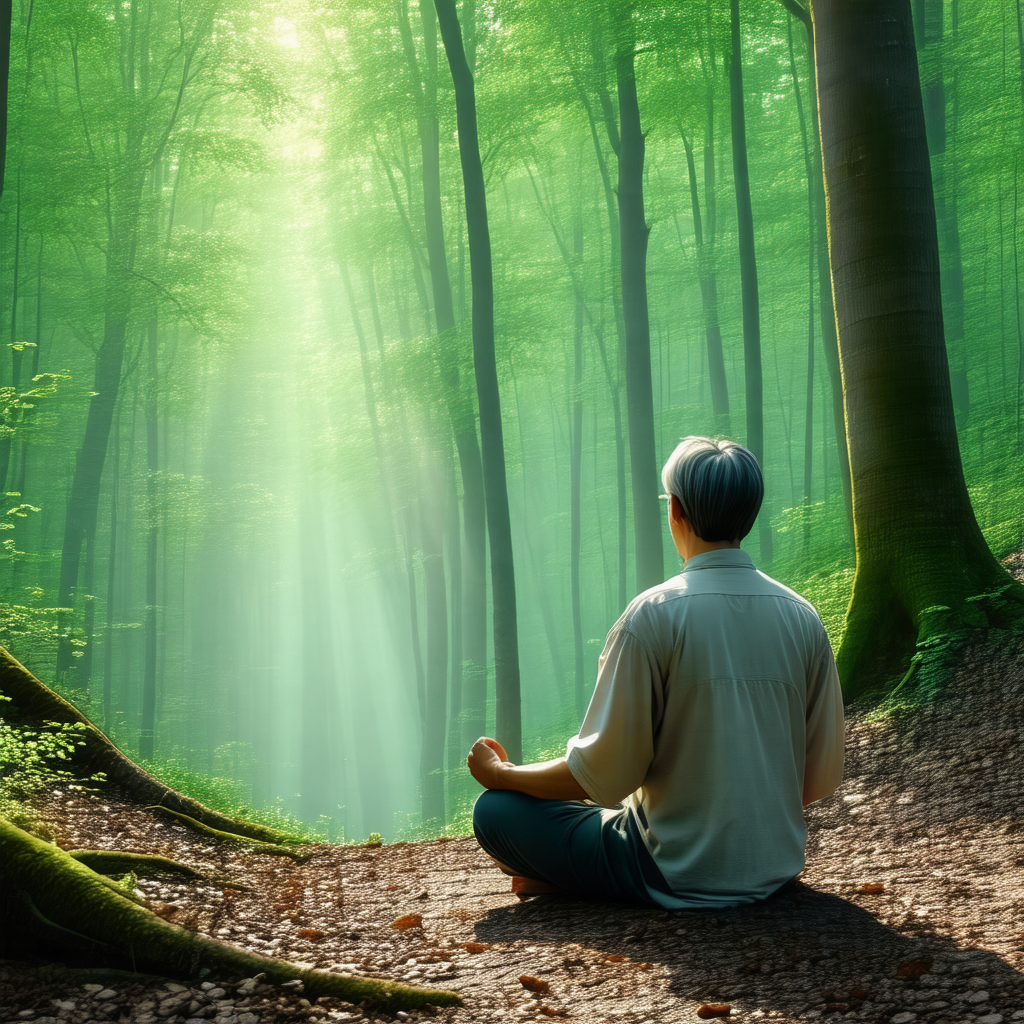 Man sitting in a forest, surrounded by trees