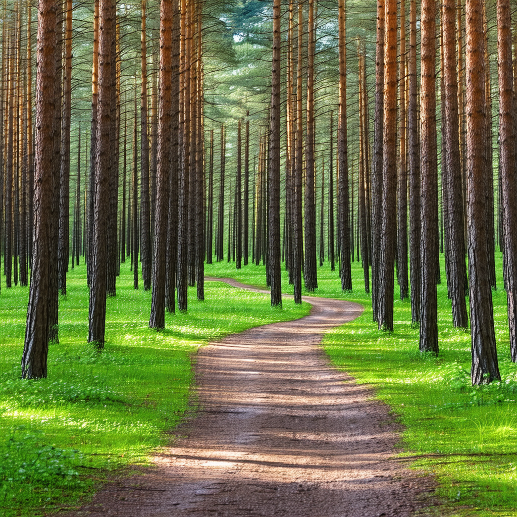 Lush green forest with a dirt road running through it