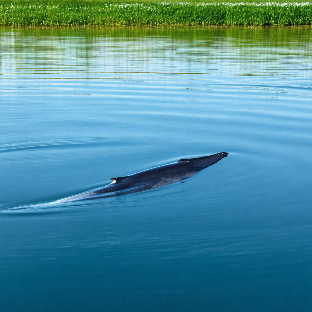 Large dolphin swimming in a body of water, possibly a lak...