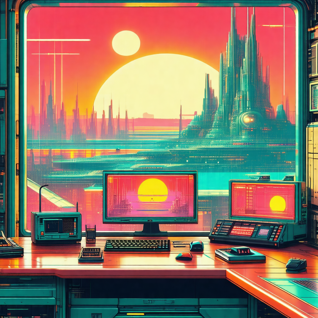 Colorful, futuristic scene featuring a desk with two comp...