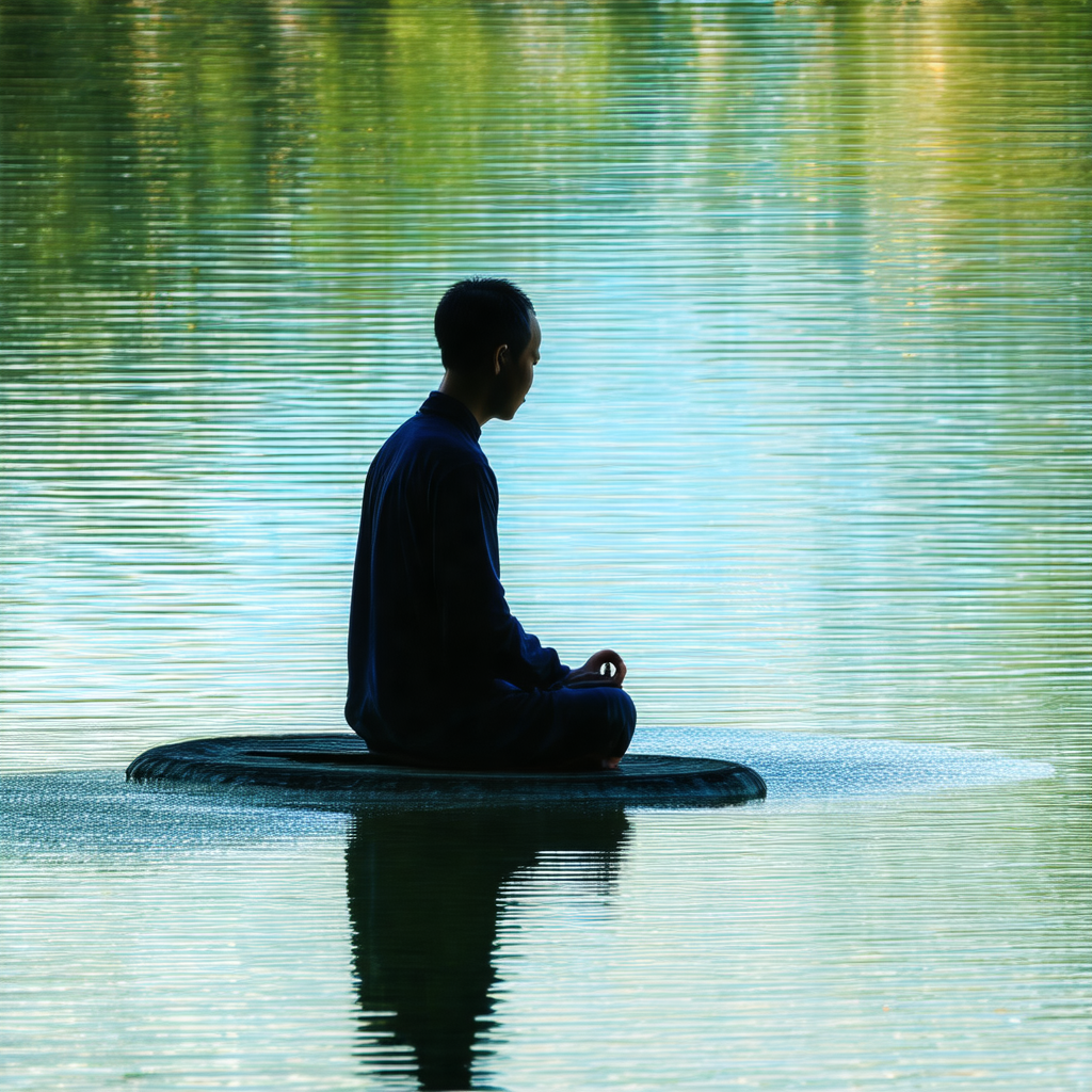 Man sitting on a rock in the middle of a lake