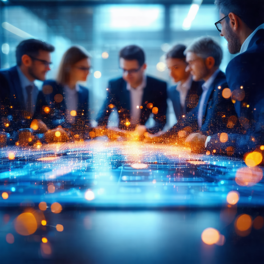 Group of business people gathered around a large table, e...